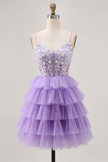 Lavender Corset Tiered A Line Homecoming Dress with Appliques